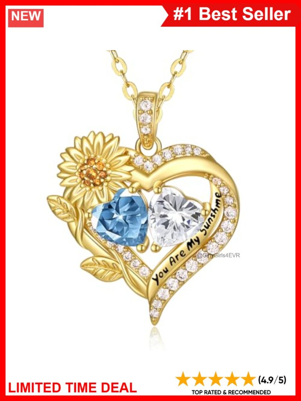 14K Gold Plating Double Birthstone Sunflower Heart Pendant Necklace Gift